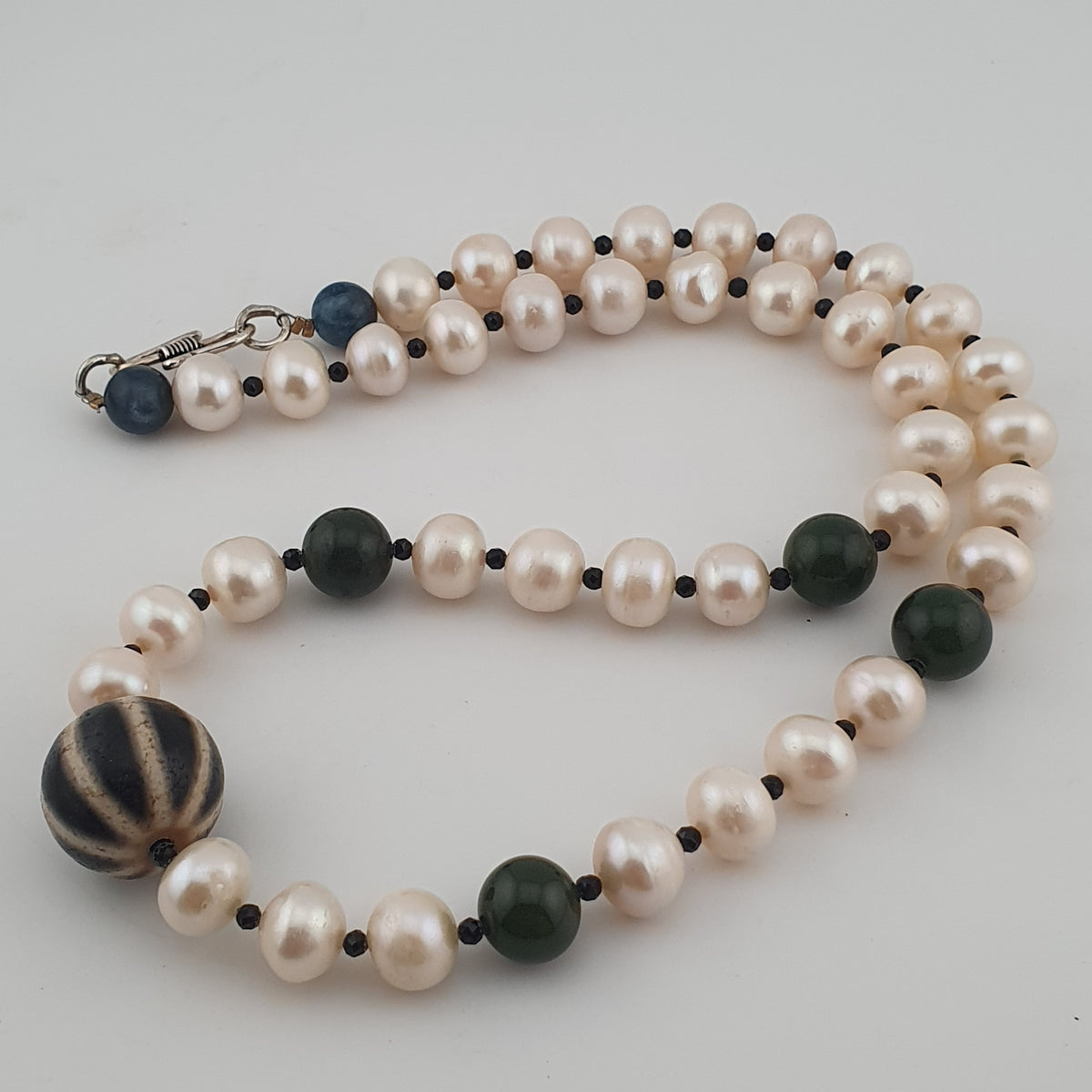 Genuine Freshwater Pearl & Green Jade Statement Necklace with Melon Dzi Pendant