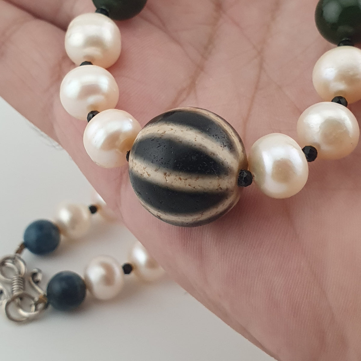 Genuine Freshwater Pearl & Green Jade Statement Necklace with Melon Dzi Pendant