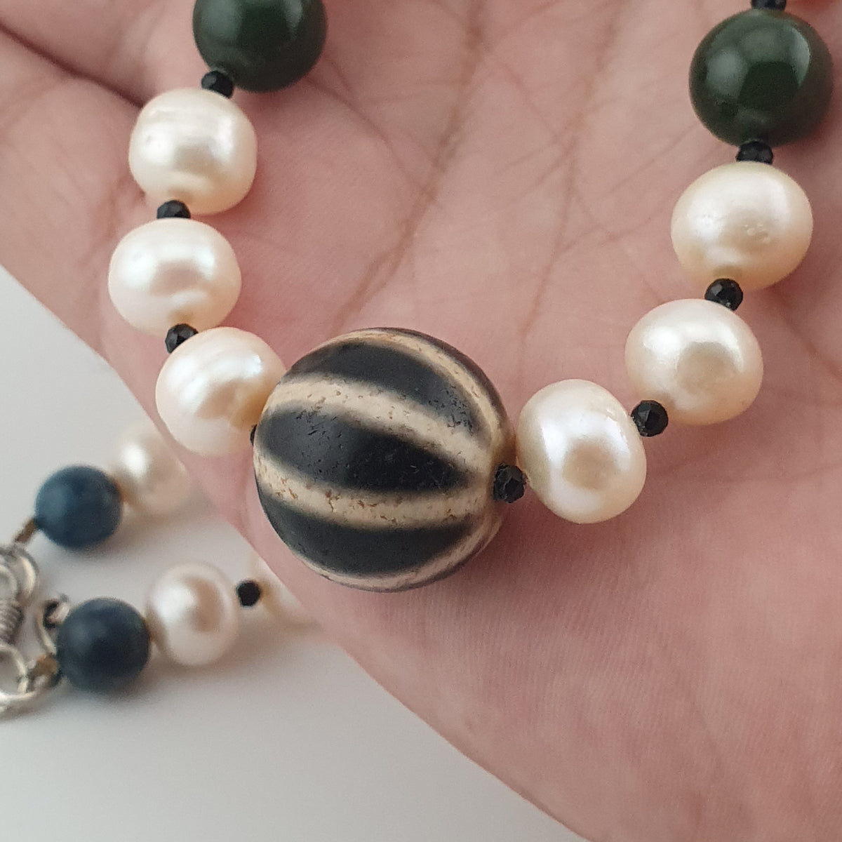 Genuine Freshwater Pearl & Green Jade Statement Necklace with Melon Dzi Pendant