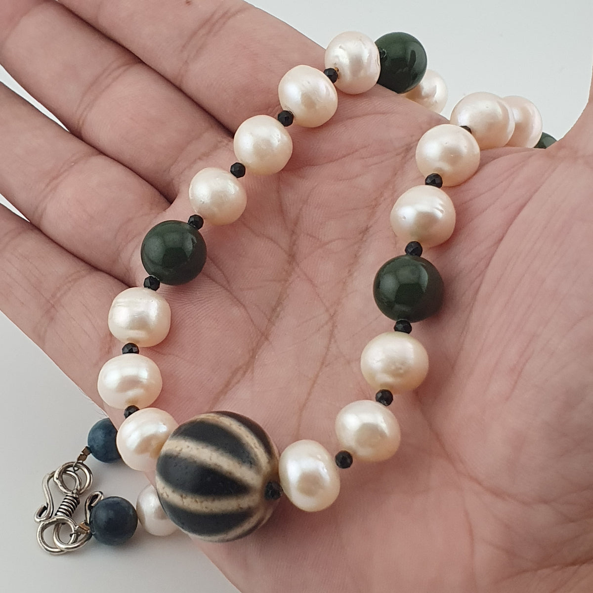 Genuine Freshwater Pearl & Green Jade Statement Necklace with Melon Dzi Pendant