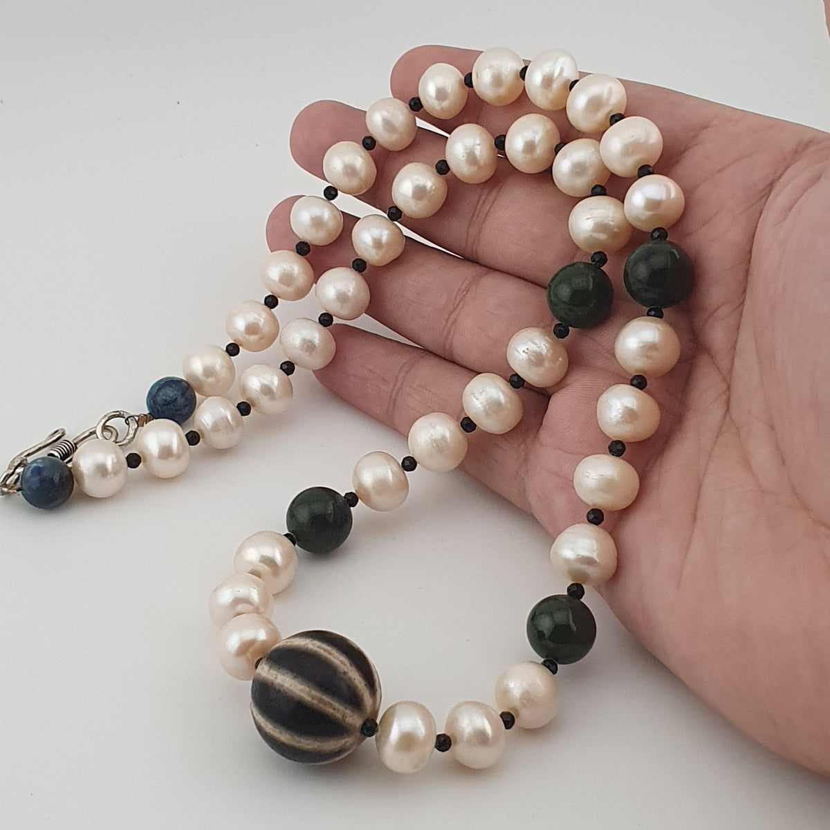 Genuine Freshwater Pearl & Green Jade Statement Necklace with Melon Dzi Pendant