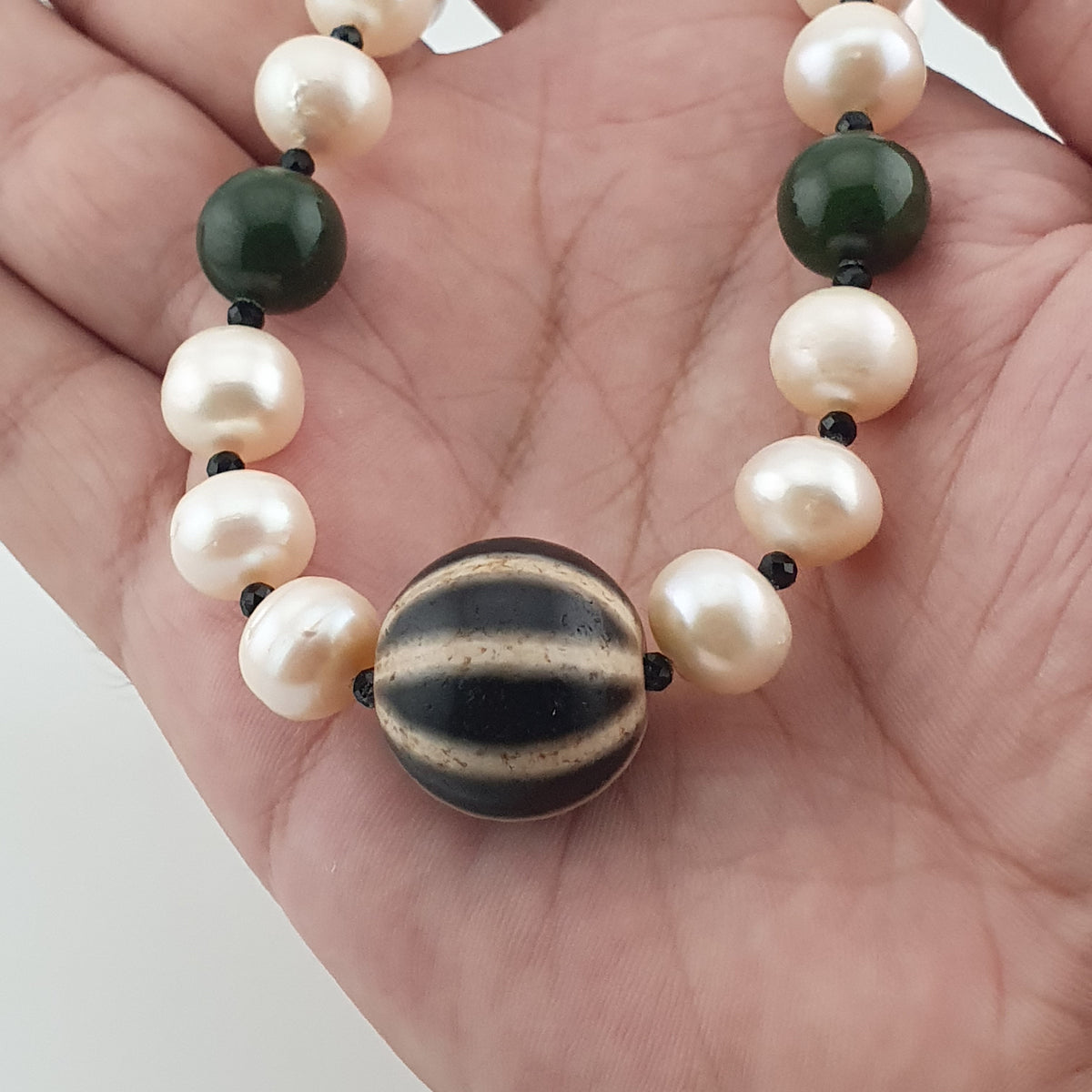 Genuine Freshwater Pearl & Green Jade Statement Necklace with Melon Dzi Pendant