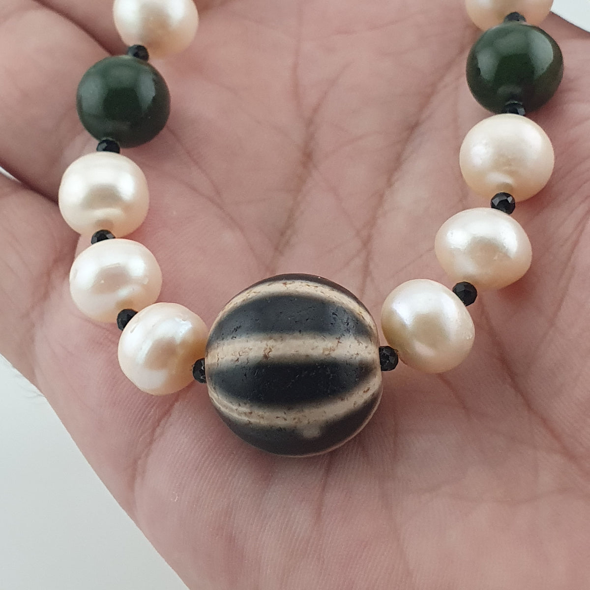 Genuine Freshwater Pearl & Green Jade Statement Necklace with Melon Dzi Pendant