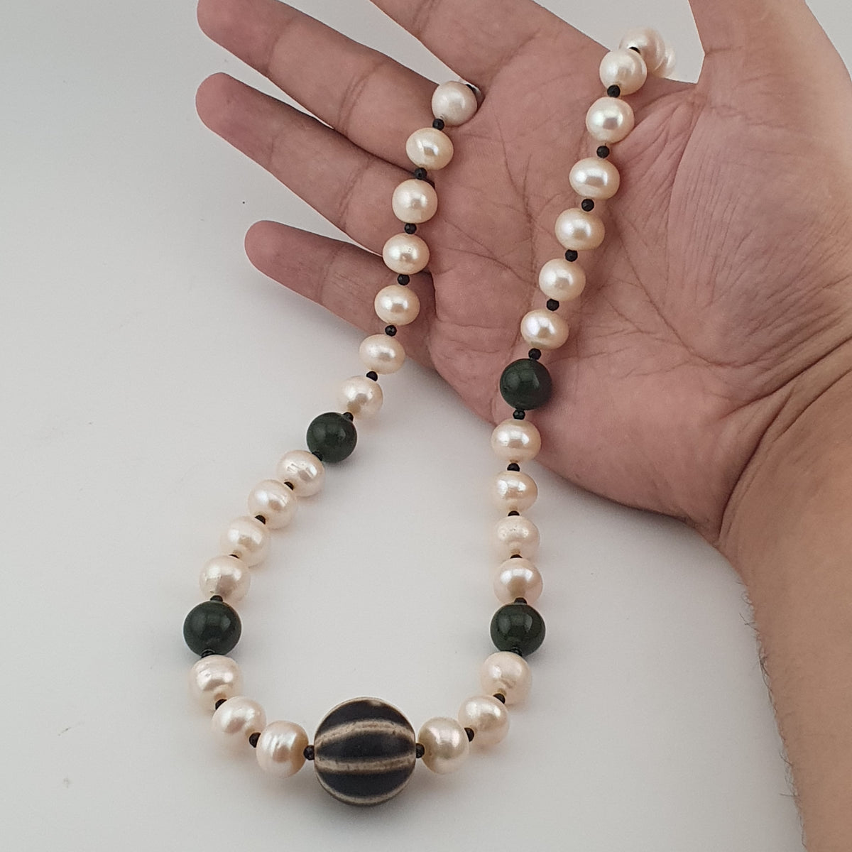 Genuine Freshwater Pearl & Green Jade Statement Necklace with Melon Dzi Pendant
