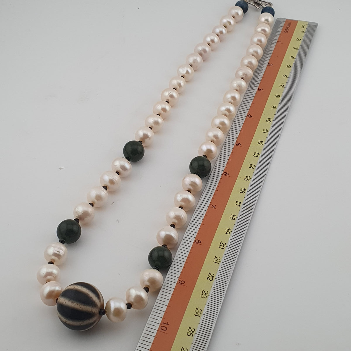 Genuine Freshwater Pearl & Green Jade Statement Necklace with Melon Dzi Pendant