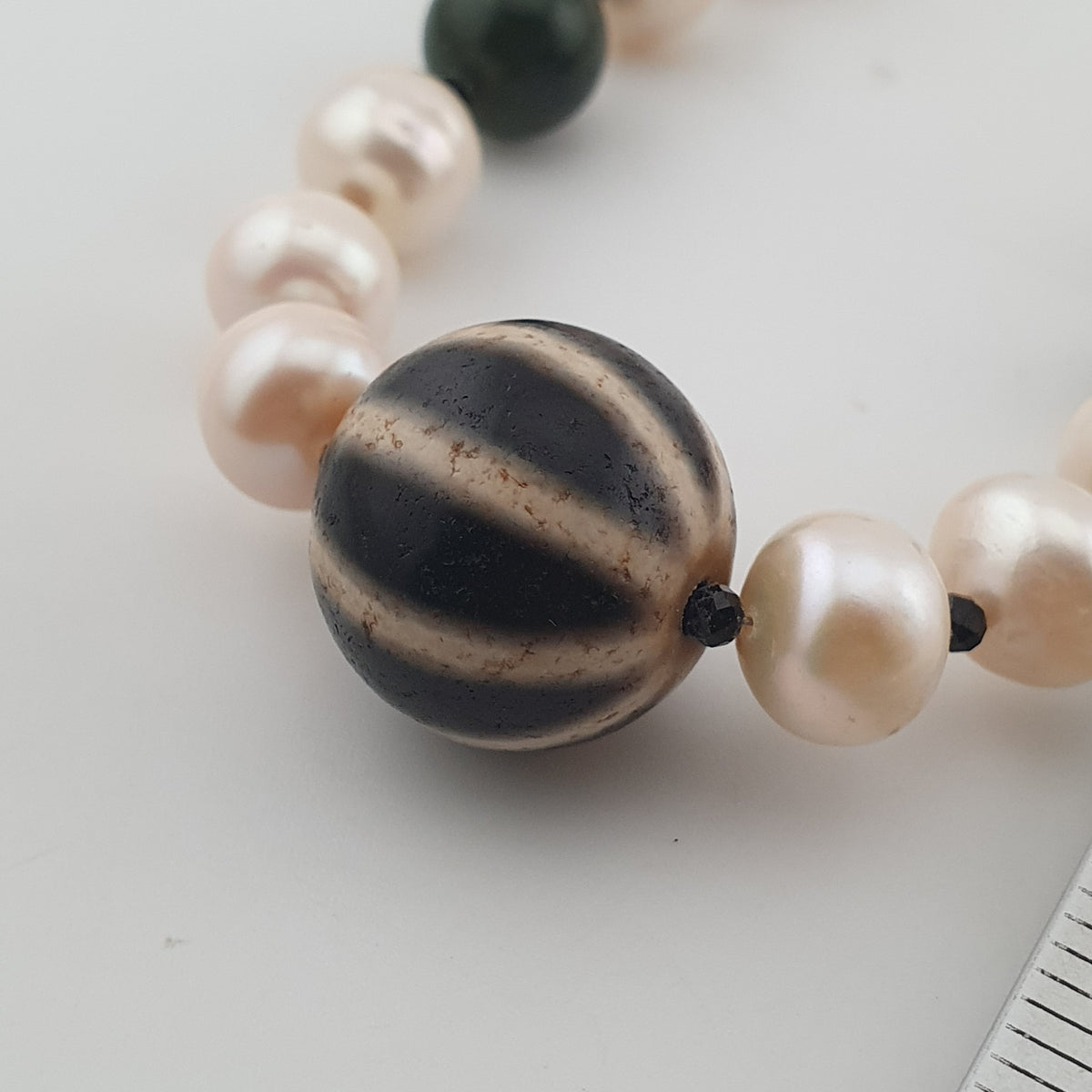 Genuine Freshwater Pearl & Green Jade Statement Necklace with Melon Dzi Pendant
