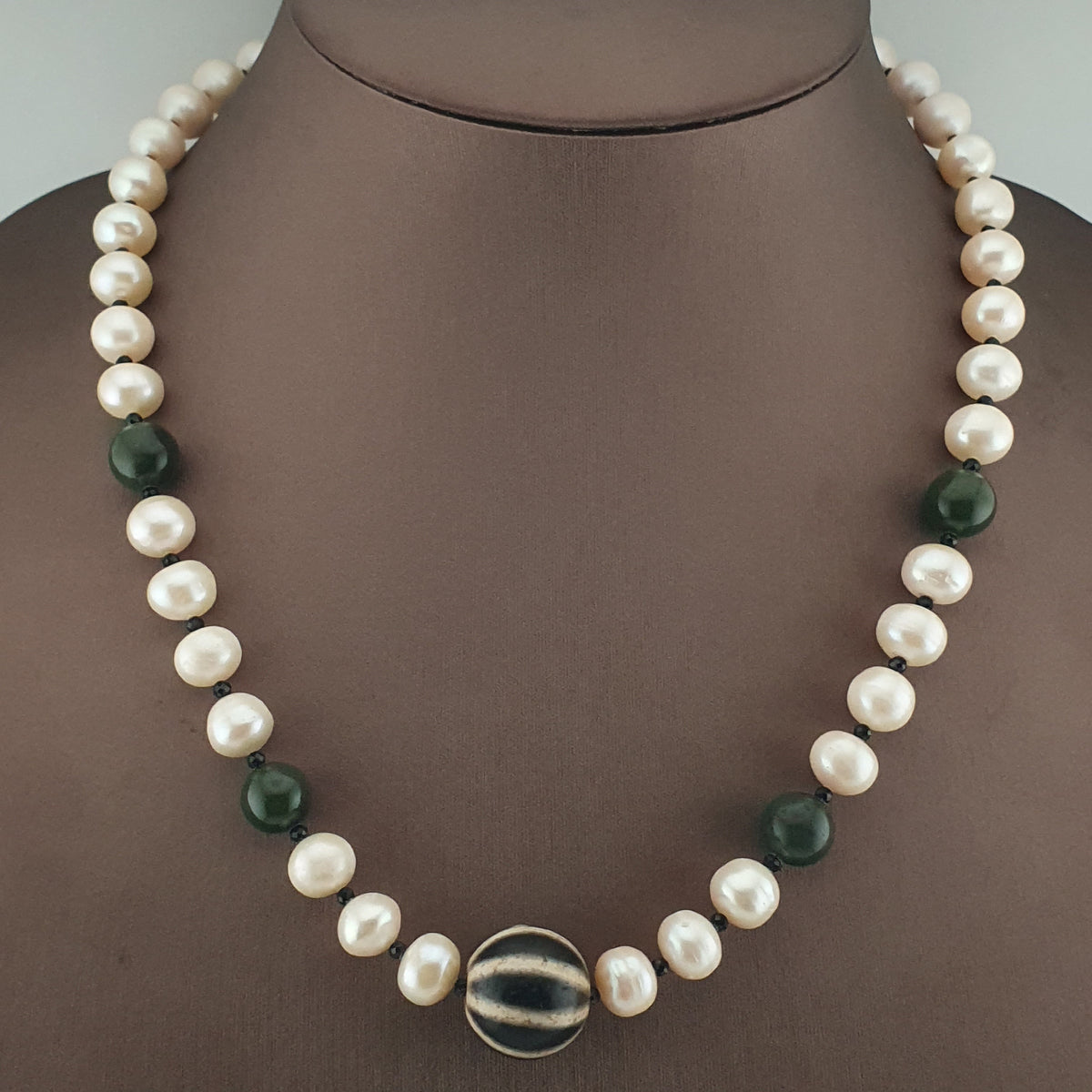 Genuine Freshwater Pearl & Green Jade Statement Necklace with Melon Dzi Pendant