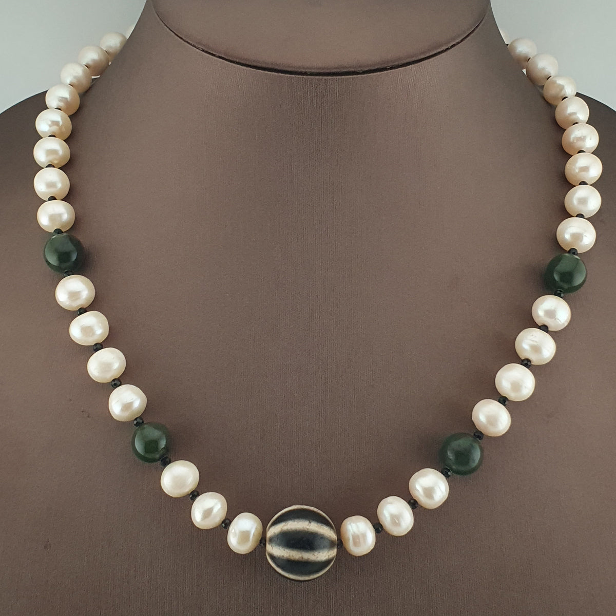 Genuine Freshwater Pearl & Green Jade Statement Necklace with Melon Dzi Pendant