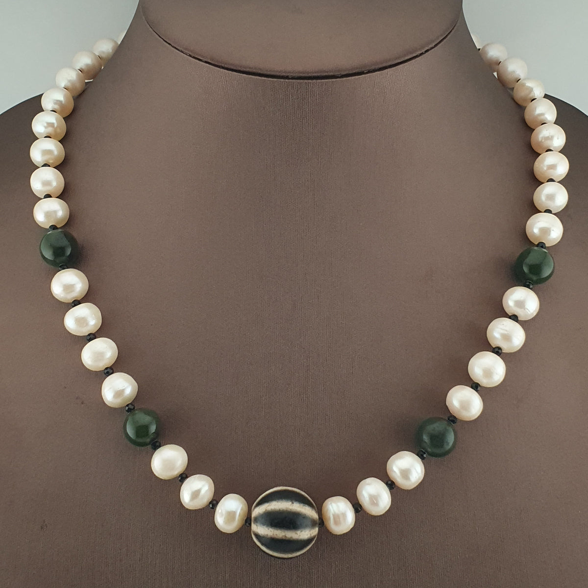 Genuine Freshwater Pearl & Green Jade Statement Necklace with Melon Dzi Pendant