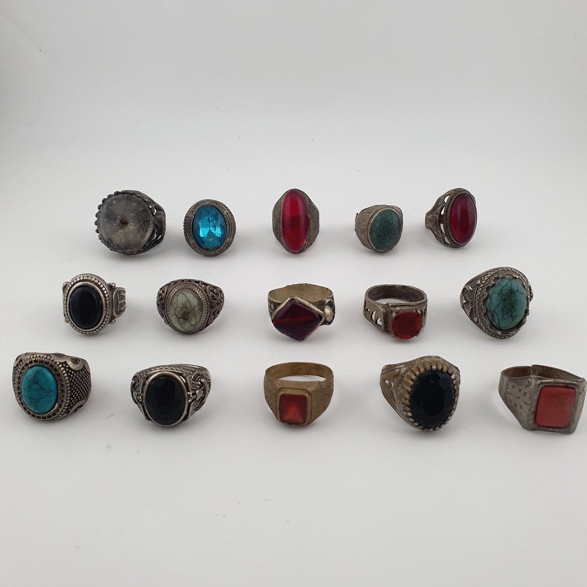 Antique Style Ring Collection 15 Mixed Brass, Glass & Stone Rings