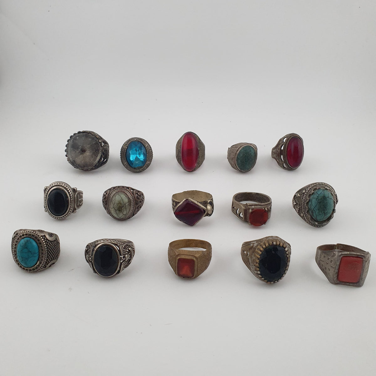 Antique Style Ring Collection 15 Mixed Brass, Glass & Stone Rings