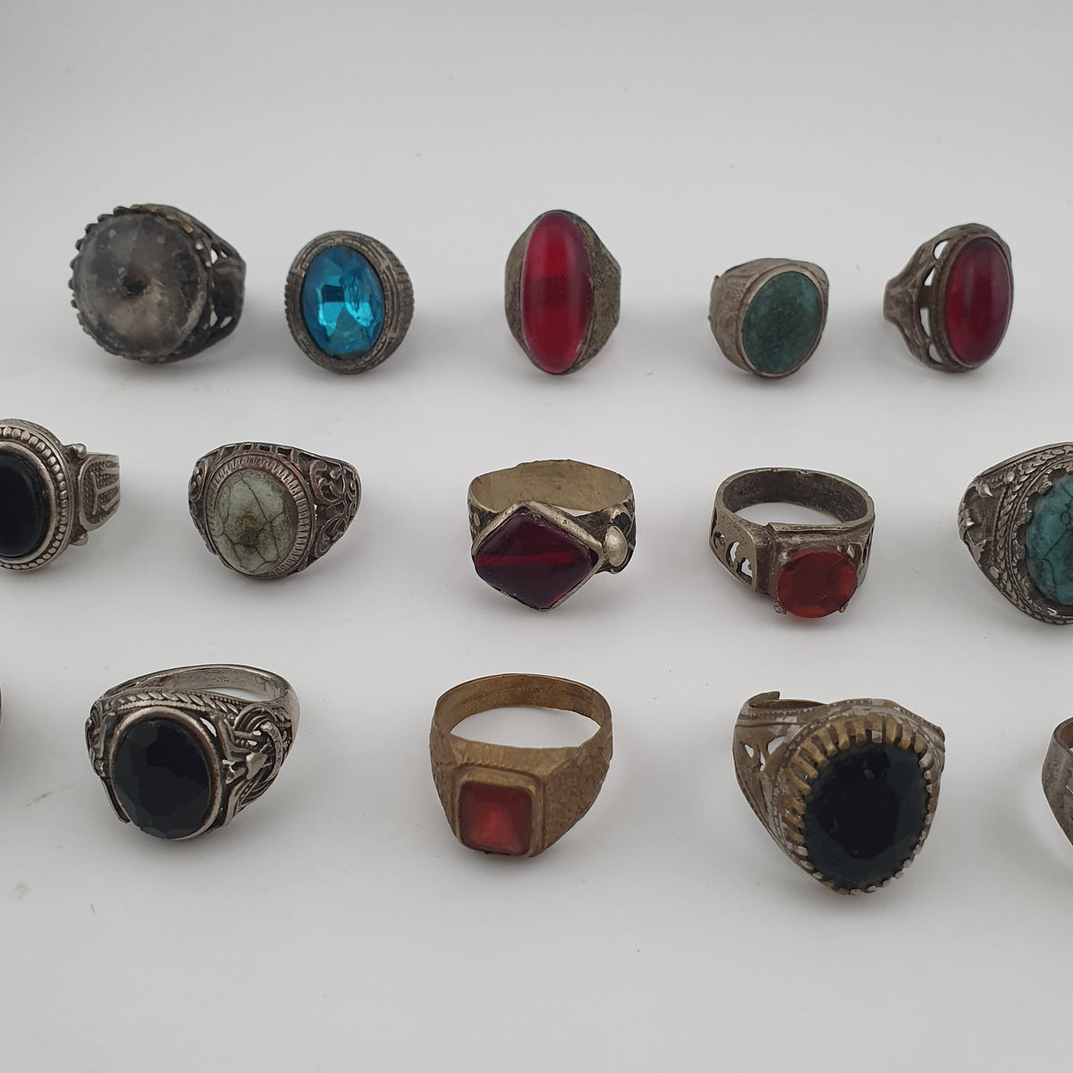 Antique Style Ring Collection 15 Mixed Brass, Glass & Stone Rings