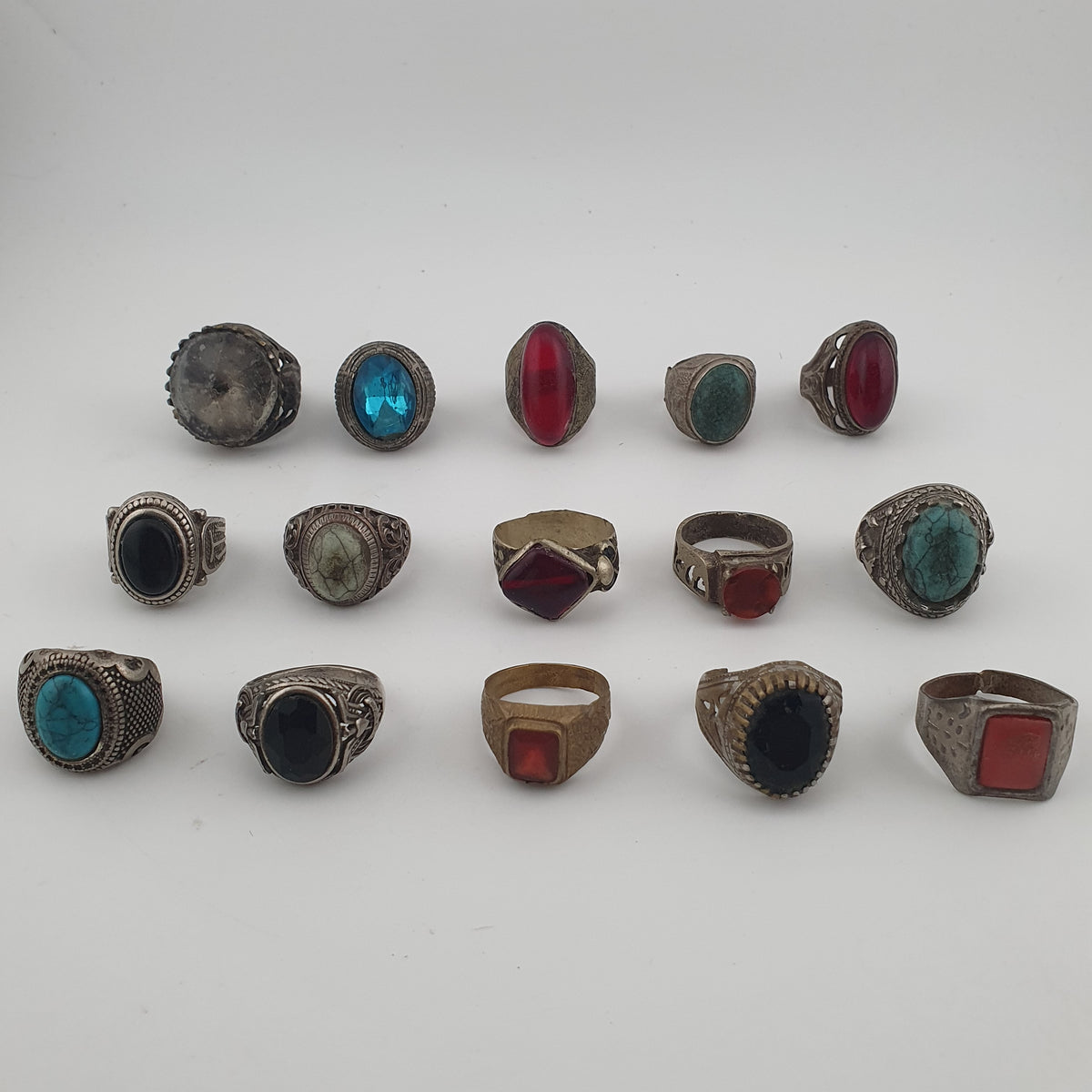 Antique Style Ring Collection 15 Mixed Brass, Glass & Stone Rings