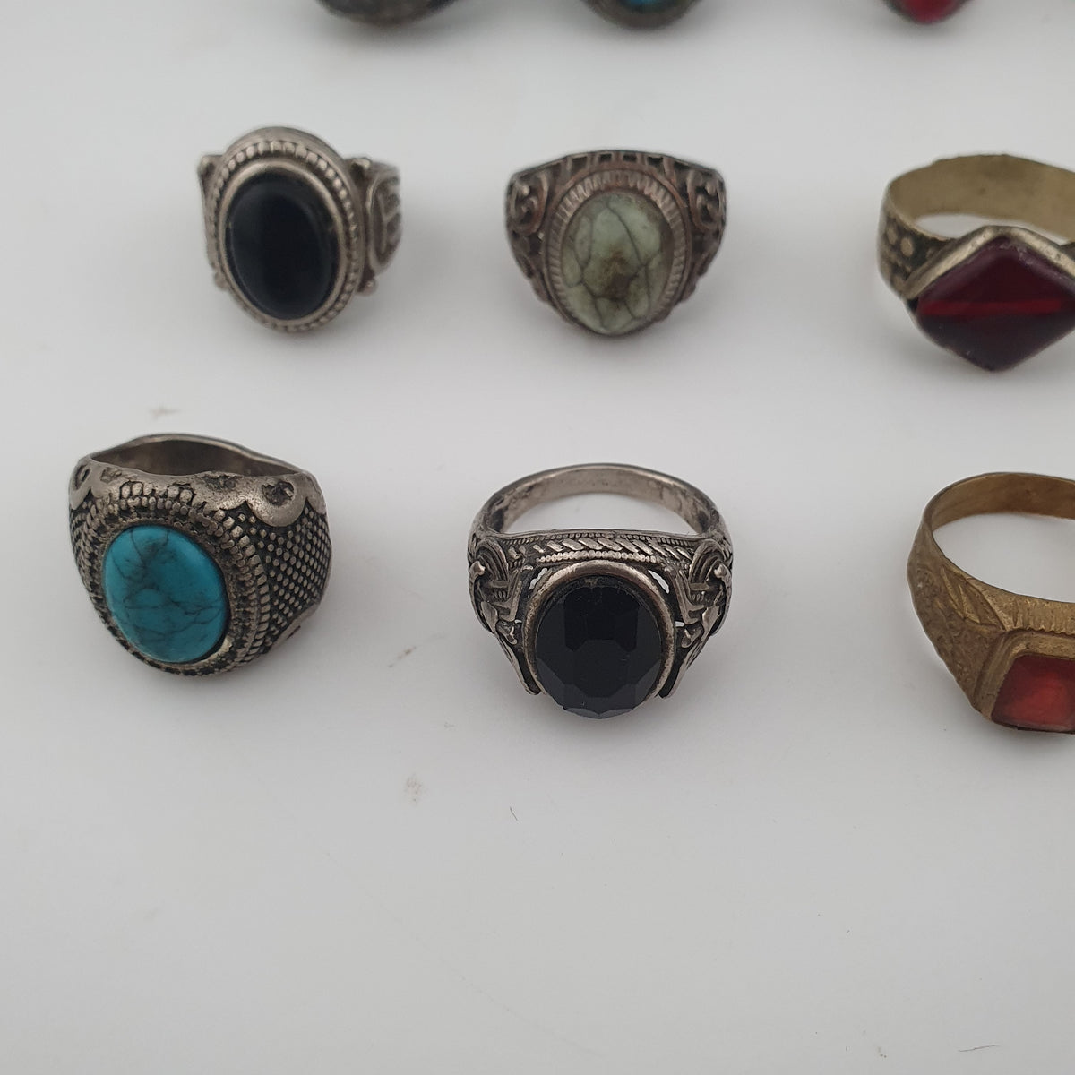 Antique Style Ring Collection 15 Mixed Brass, Glass & Stone Rings