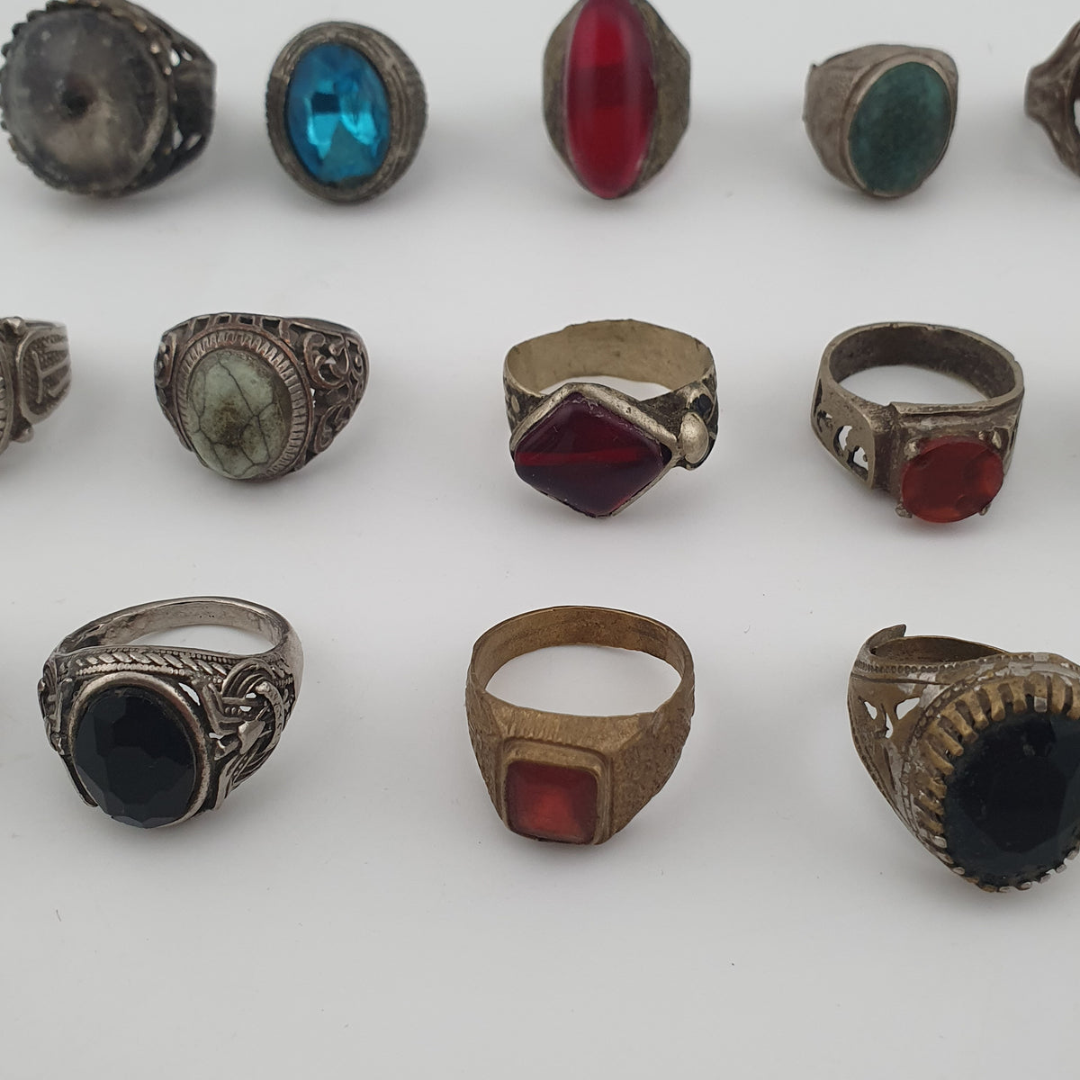 Antique Style Ring Collection 15 Mixed Brass, Glass & Stone Rings
