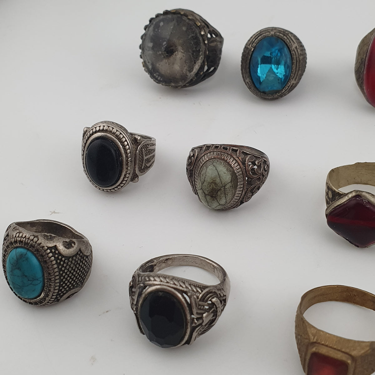Antique Style Ring Collection 15 Mixed Brass, Glass & Stone Rings