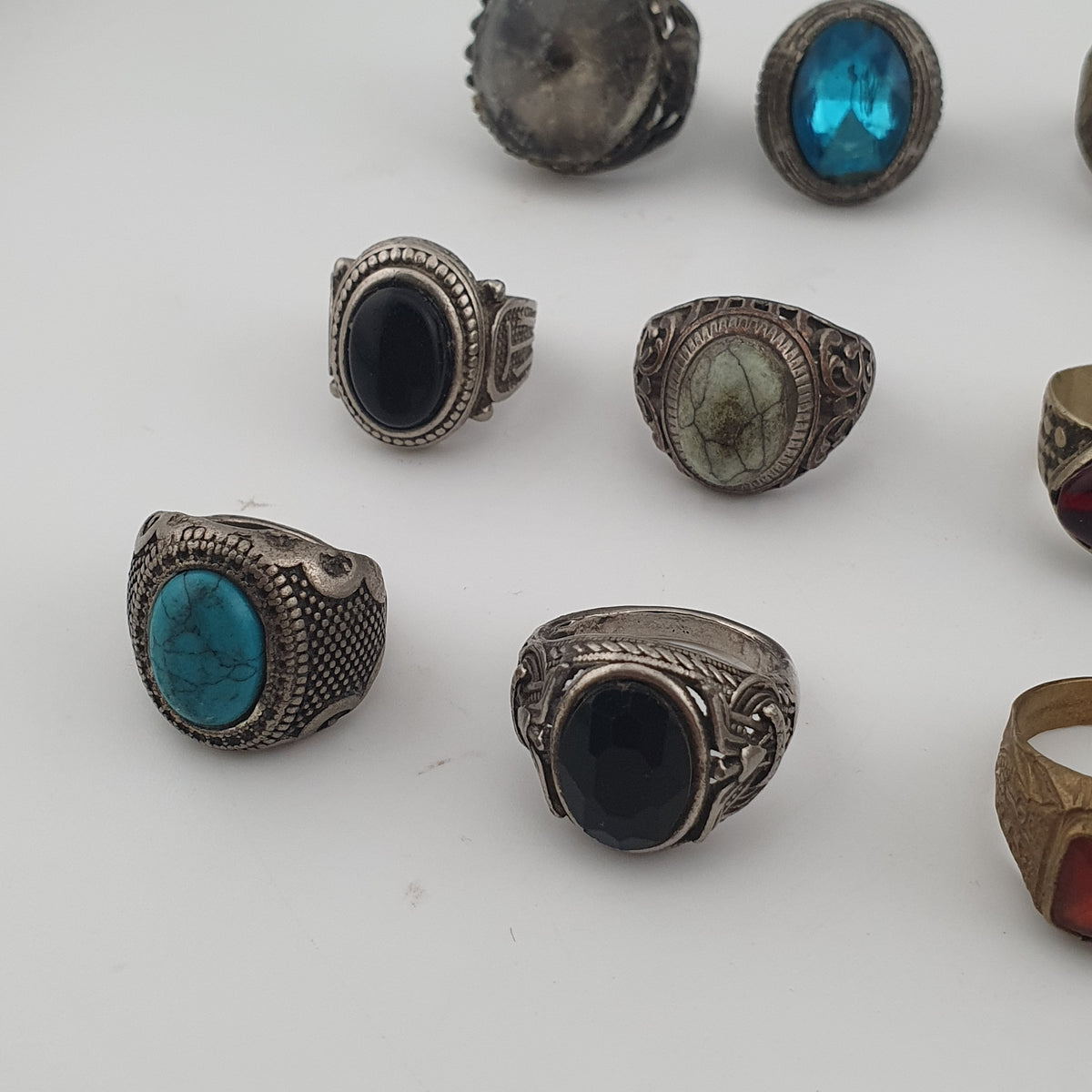 Antique Style Ring Collection 15 Mixed Brass, Glass & Stone Rings