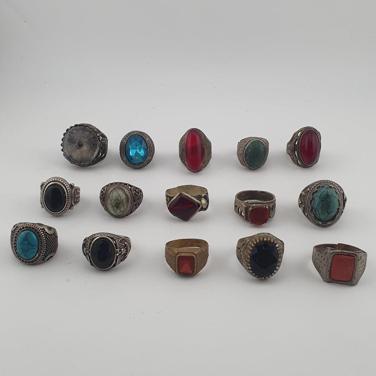 Antique Style Ring Collection 15 Mixed Brass, Glass & Stone Rings