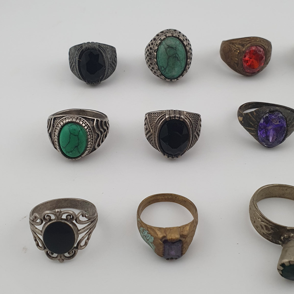 Antique Ring Lot of 15 Rustic Brass & Glass Jewellery