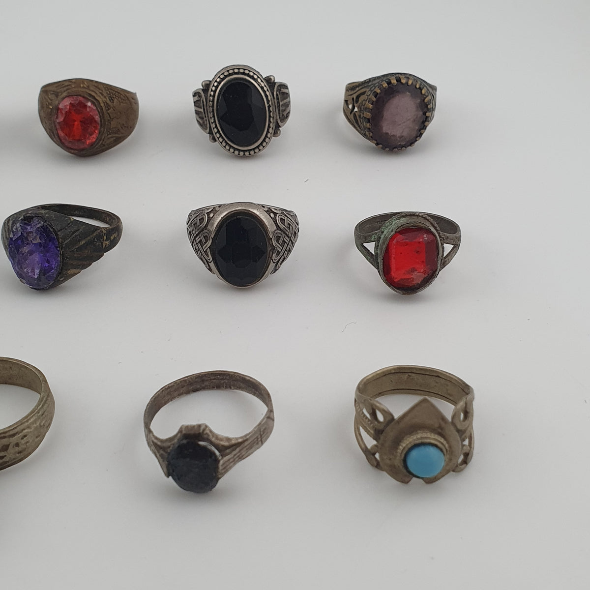 Antique Ring Lot of 15 Rustic Brass & Glass Jewellery