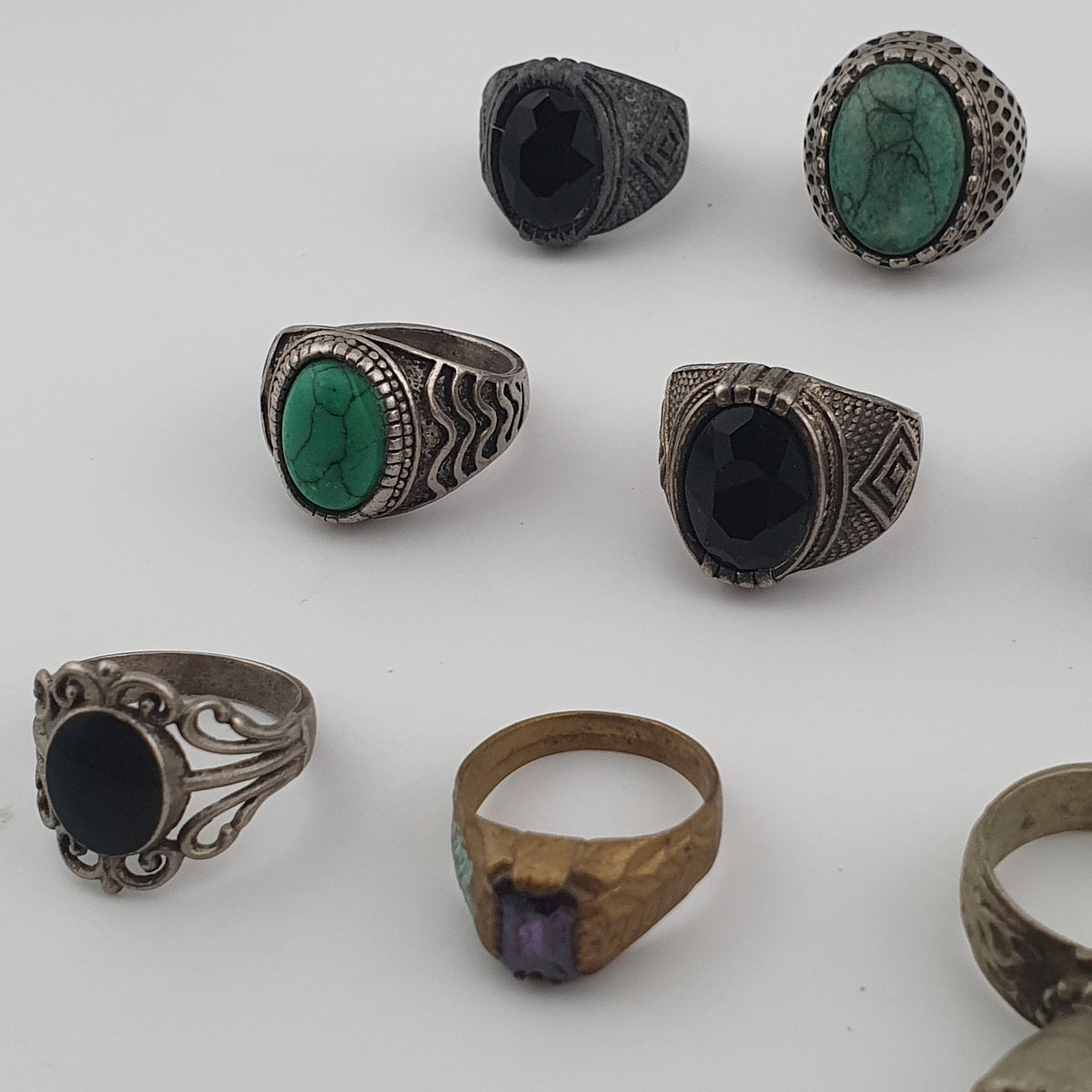 Antique Ring Lot of 15 Rustic Brass & Glass Jewellery