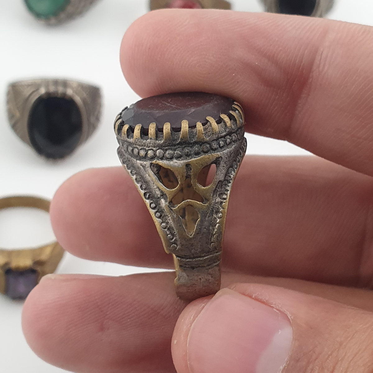 Antique Ring Lot of 15 Rustic Brass & Glass Jewellery