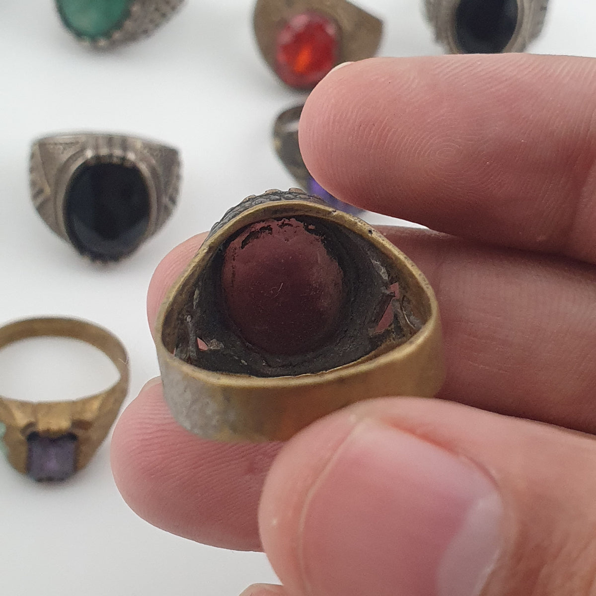 Antique Ring Lot of 15 Rustic Brass & Glass Jewellery