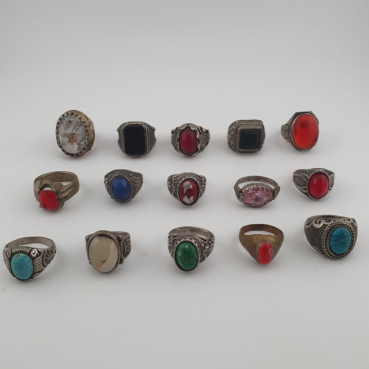 Antique Rings Lot 15 Mixed Brass, Stone & Glass Rings