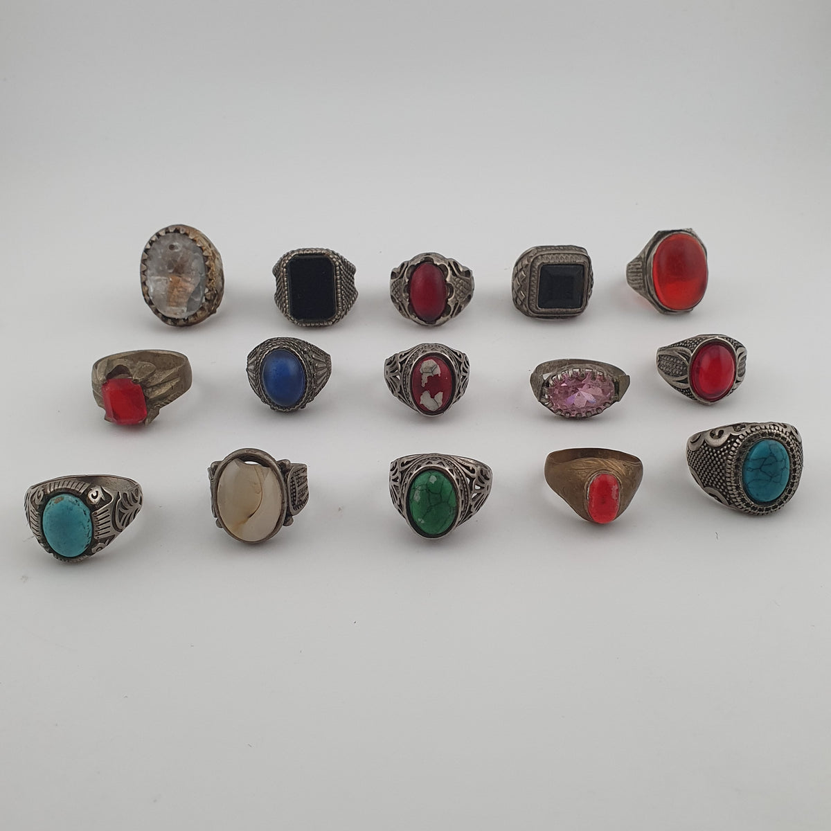 Antique Rings Lot 15 Mixed Brass, Stone & Glass Rings