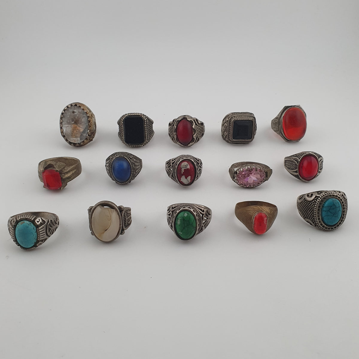 Antique Rings Lot 15 Mixed Brass, Stone & Glass Rings
