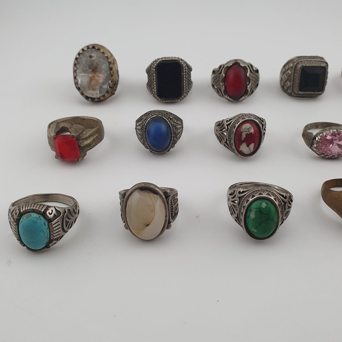 Antique Rings Lot 15 Mixed Brass, Stone & Glass Rings