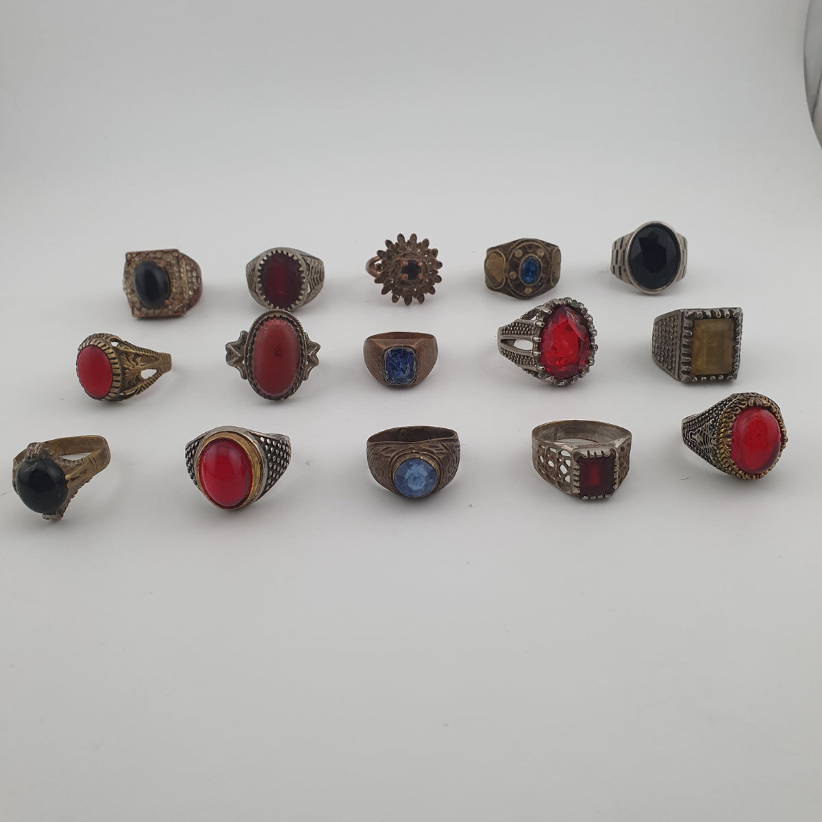 15 Antique Style Brass Rings Mixed Stone & Colourful Glass Accents