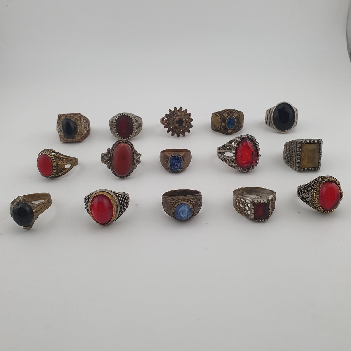 15 Antique Style Brass Rings Mixed Stone & Colourful Glass Accents