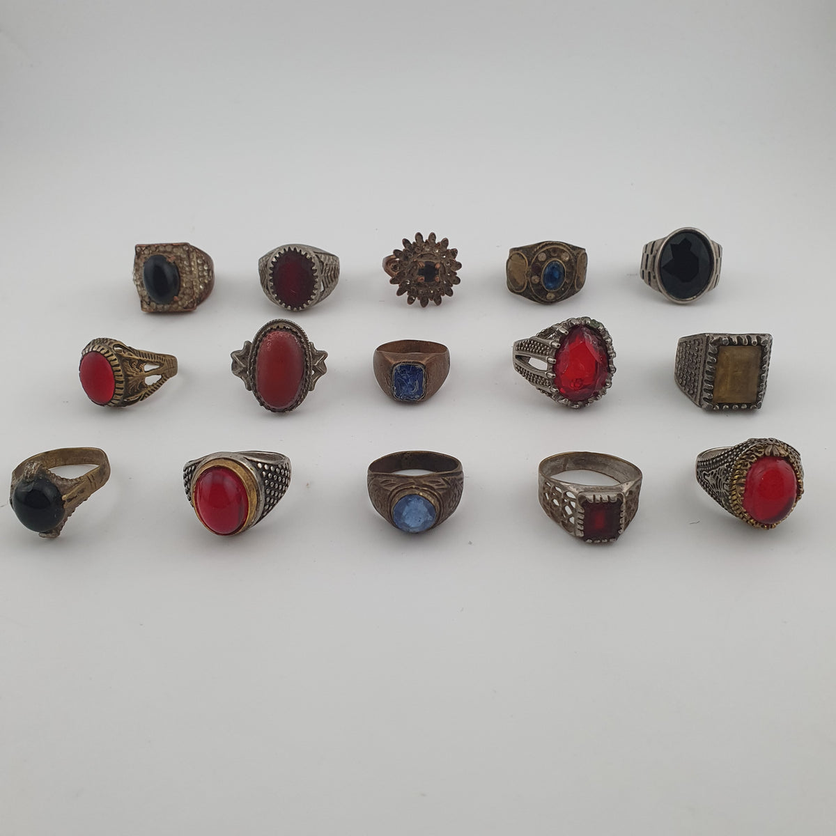 15 Antique Style Brass Rings Mixed Stone & Colourful Glass Accents
