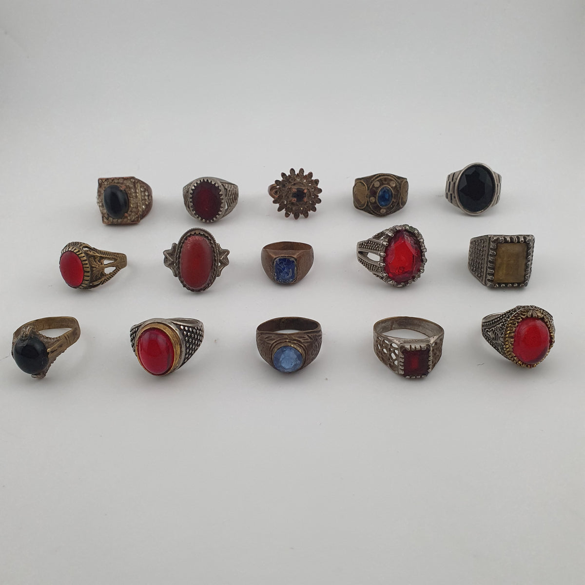 15 Antique Style Brass Rings Mixed Stone & Colourful Glass Accents