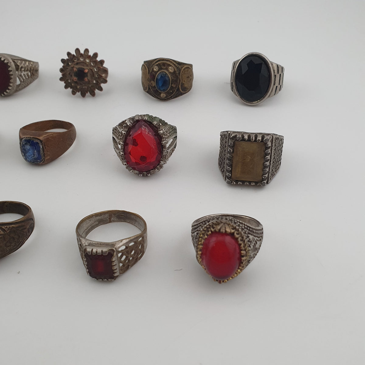 15 Antique Style Brass Rings Mixed Stone & Colourful Glass Accents