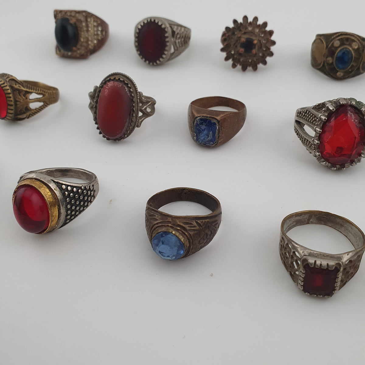 15 Antique Style Brass Rings Mixed Stone & Colourful Glass Accents
