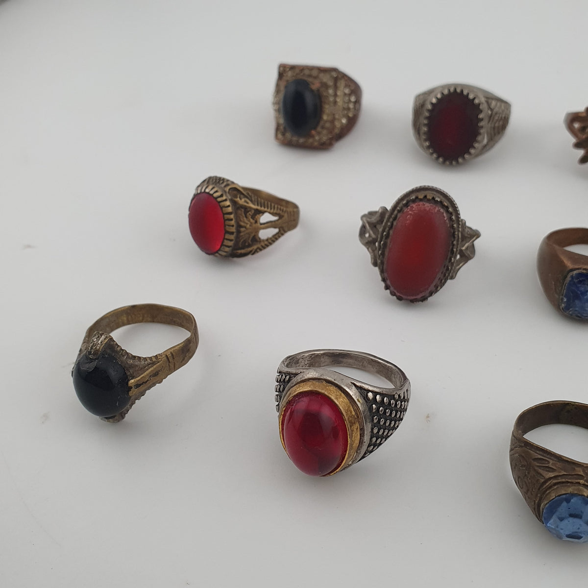 15 Antique Style Brass Rings Mixed Stone & Colourful Glass Accents