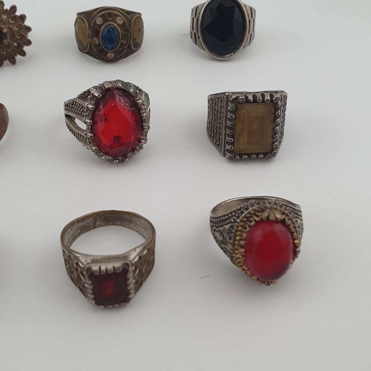 15 Antique Style Brass Rings Mixed Stone & Colourful Glass Accents