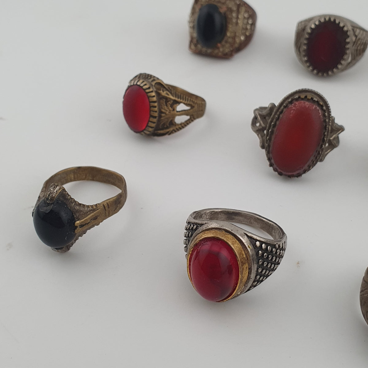 15 Antique Style Brass Rings Mixed Stone & Colourful Glass Accents