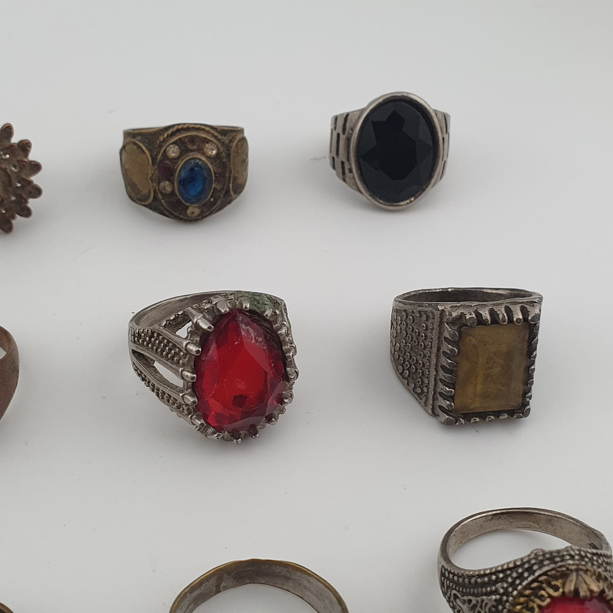 15 Antique Style Brass Rings Mixed Stone & Colourful Glass Accents