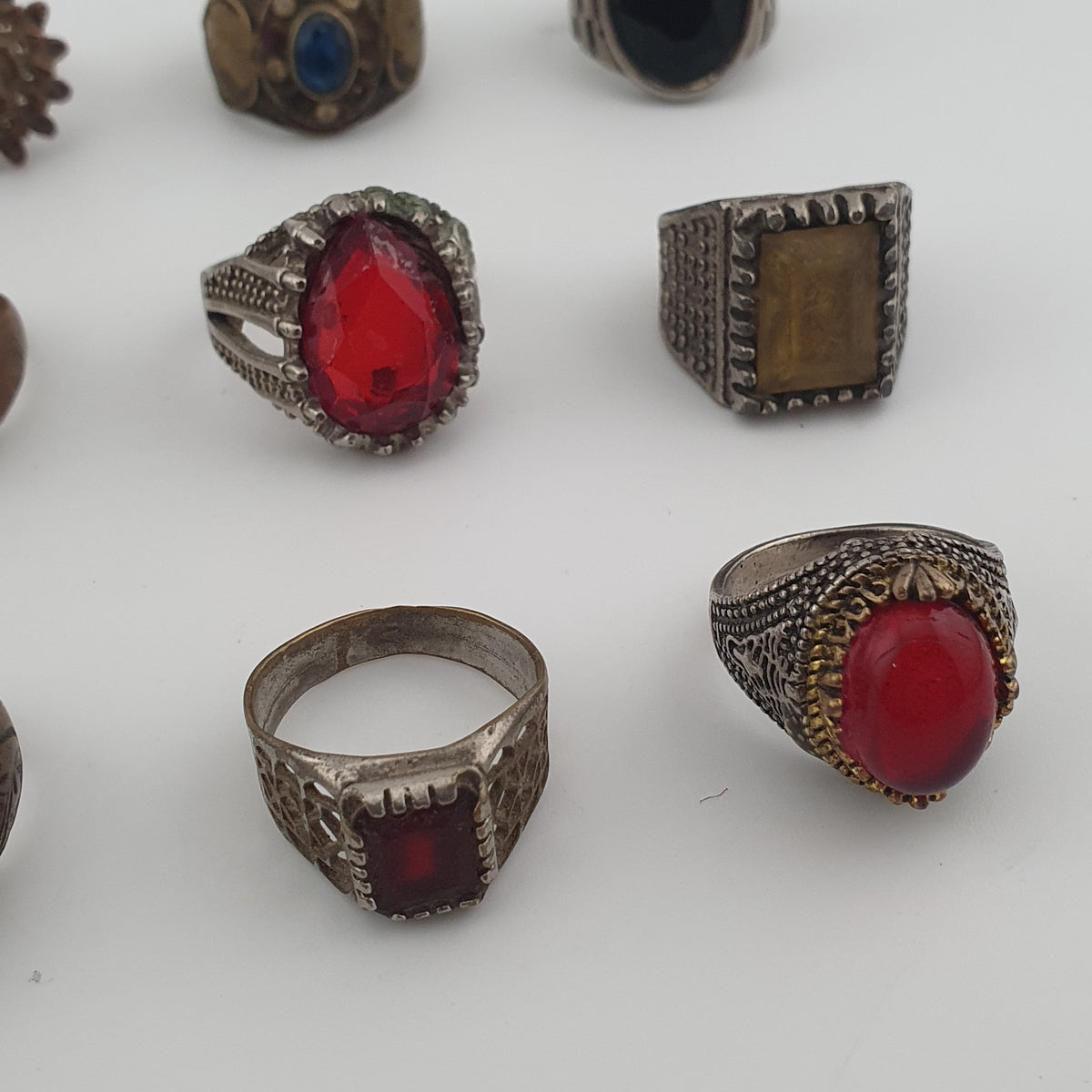 15 Antique Style Brass Rings Mixed Stone & Colourful Glass Accents