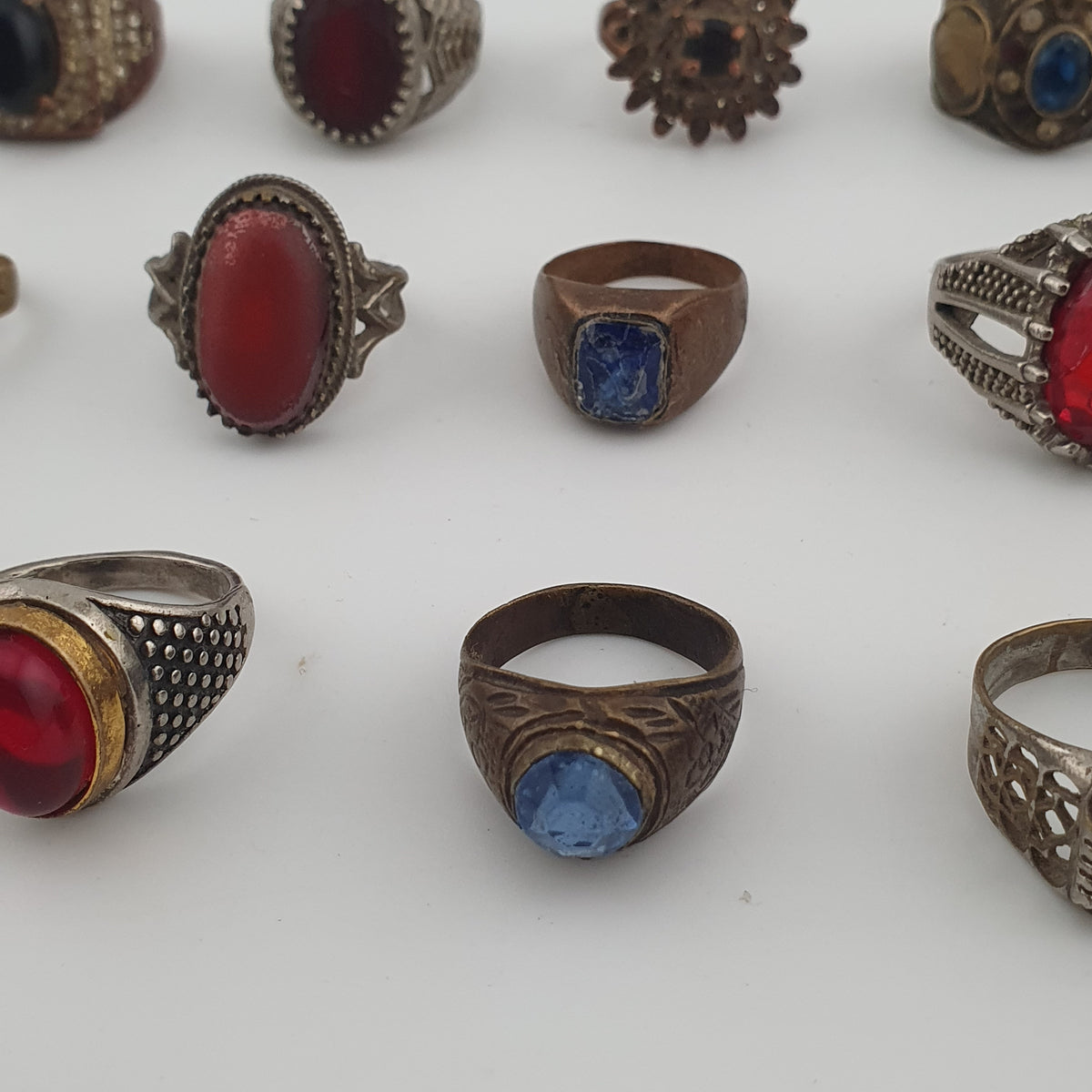 15 Antique Style Brass Rings Mixed Stone & Colourful Glass Accents