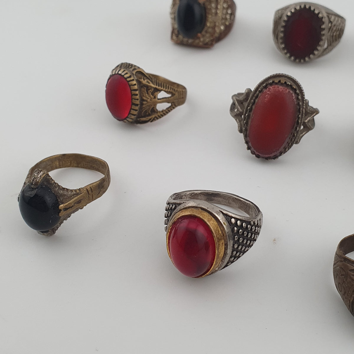 15 Antique Style Brass Rings Mixed Stone & Colourful Glass Accents
