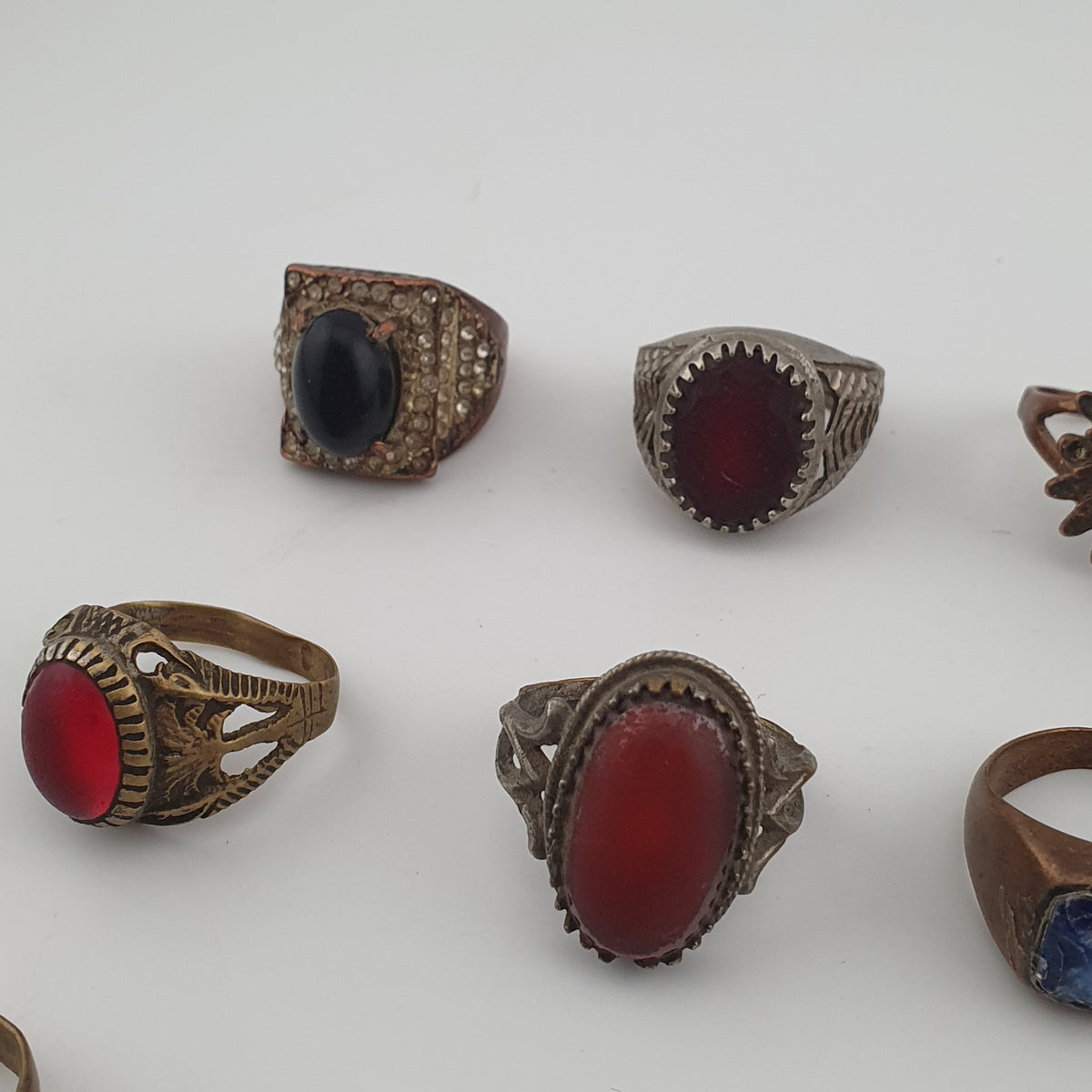 15 Antique Style Brass Rings Mixed Stone & Colourful Glass Accents