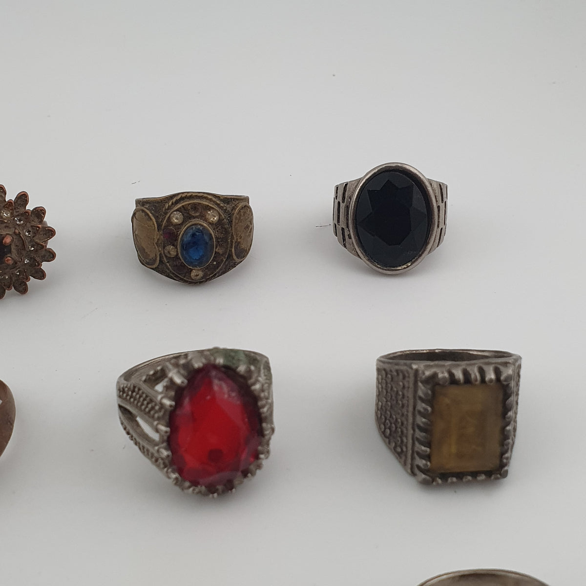 15 Antique Style Brass Rings Mixed Stone & Colourful Glass Accents