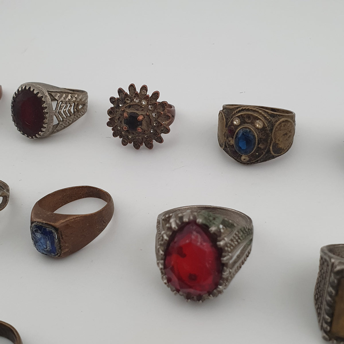 15 Antique Style Brass Rings Mixed Stone & Colourful Glass Accents
