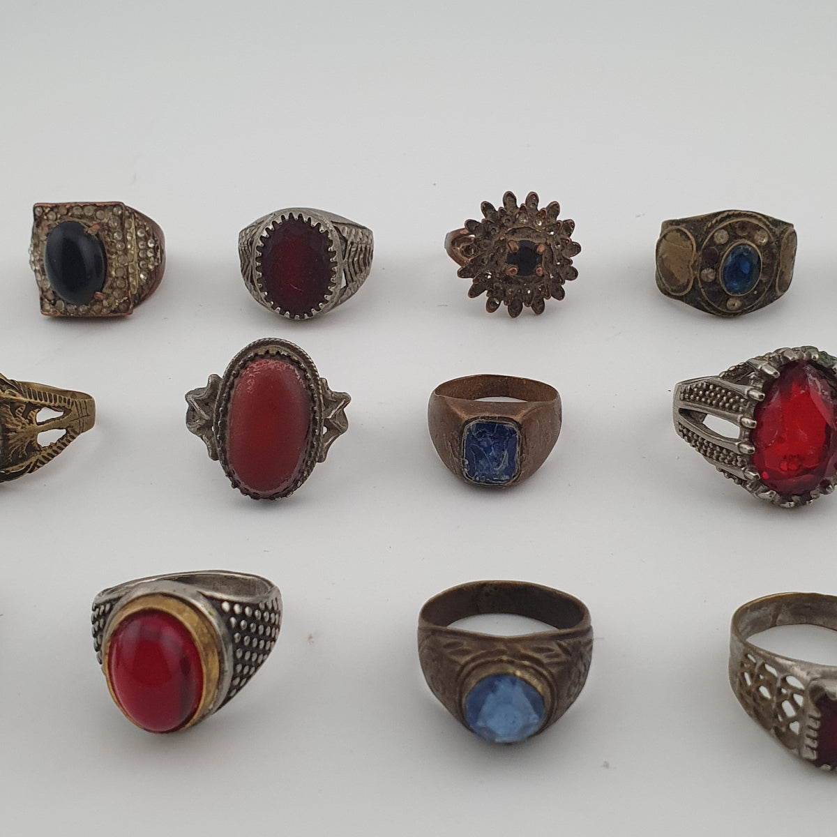 15 Antique Style Brass Rings Mixed Stone & Colourful Glass Accents