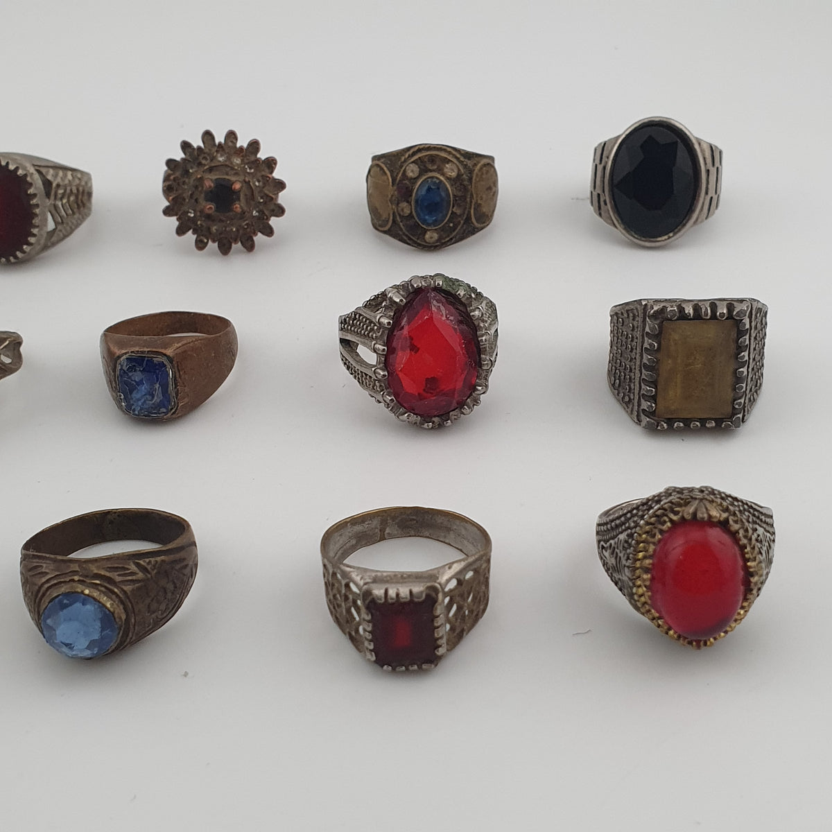 15 Antique Style Brass Rings Mixed Stone & Colourful Glass Accents