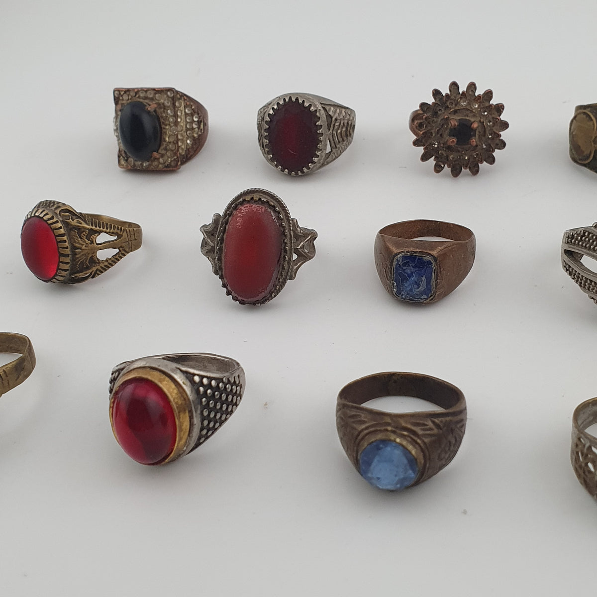 15 Antique Style Brass Rings Mixed Stone & Colourful Glass Accents